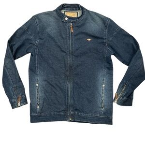 STRIDE M faded blue stretch denim front zip leather pulls track jacket